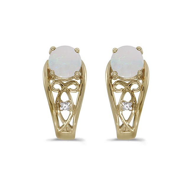 14k Yellow Gold Round Opal And Diamond Earrings