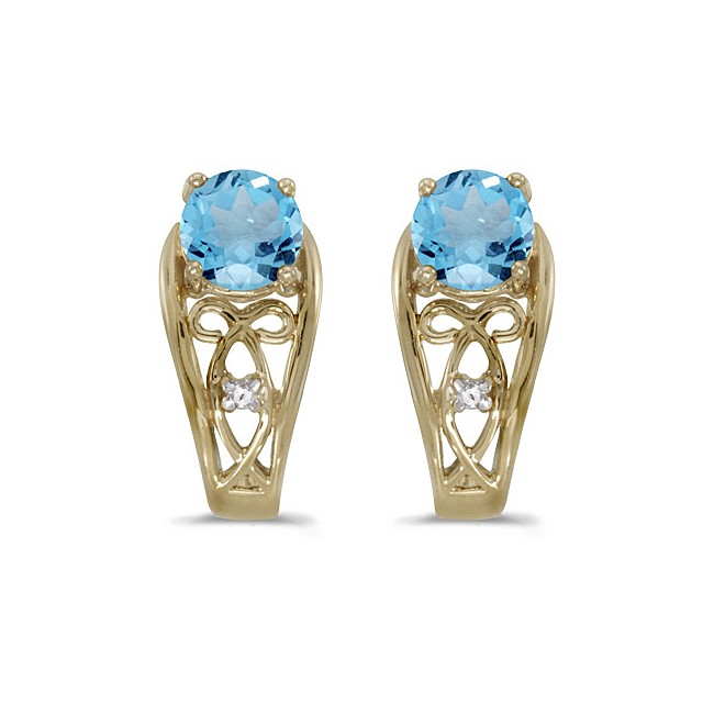 14k Yellow Gold Round Blue Topaz And Diamond Earrings