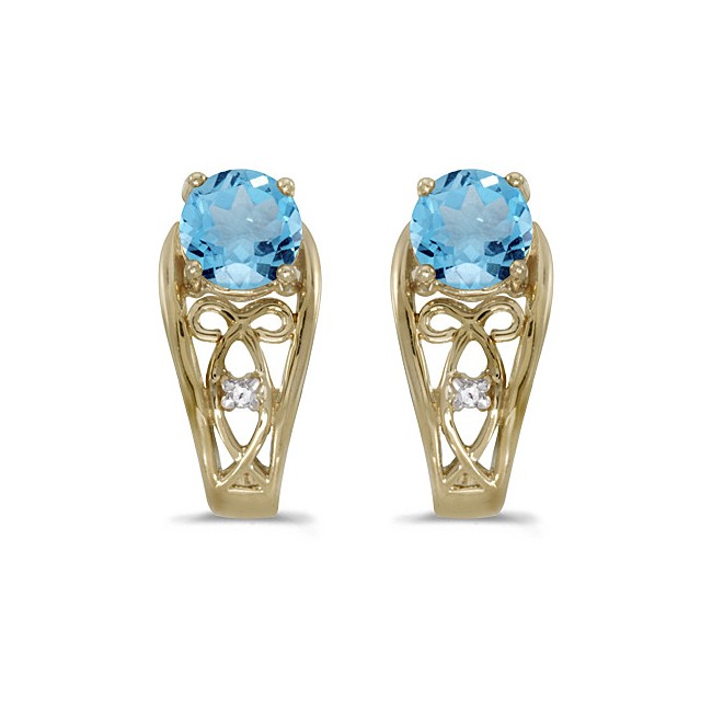 14k Yellow Gold Round Blue Topaz And Diamond Earrings