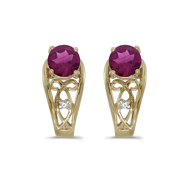 14k Yellow Gold Round Rhodolite Garnet And Diamond Earrings