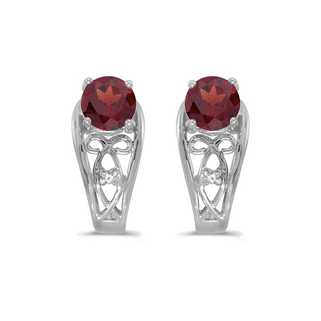 14k White Gold Round Garnet And Diamond Earrings