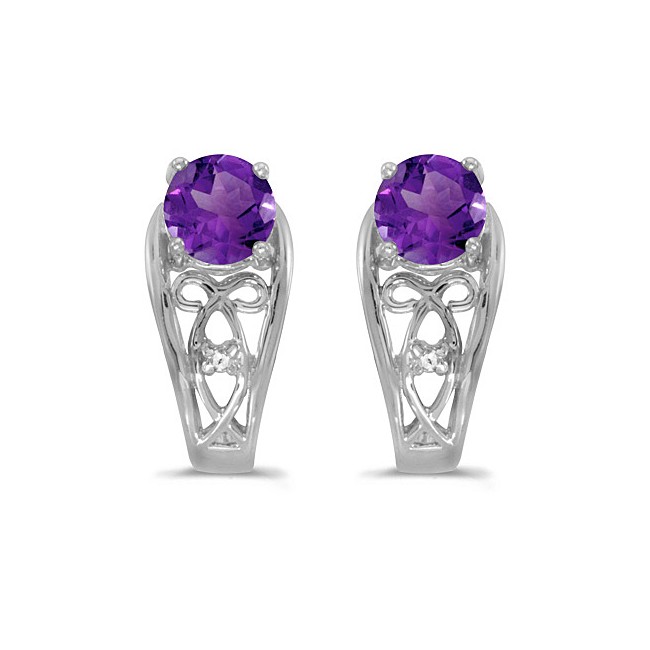 14k White Gold Round Amethyst And Diamond Earrings