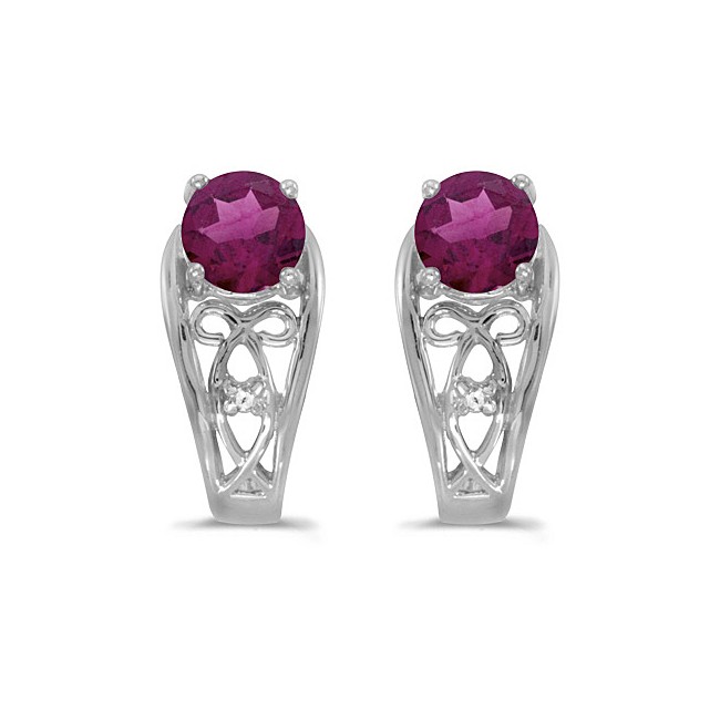 14k White Gold Round Rhodolite Garnet And Diamond Earrings