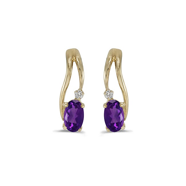 14k Yellow Gold Oval Amethyst And Diamond Wave Earrings