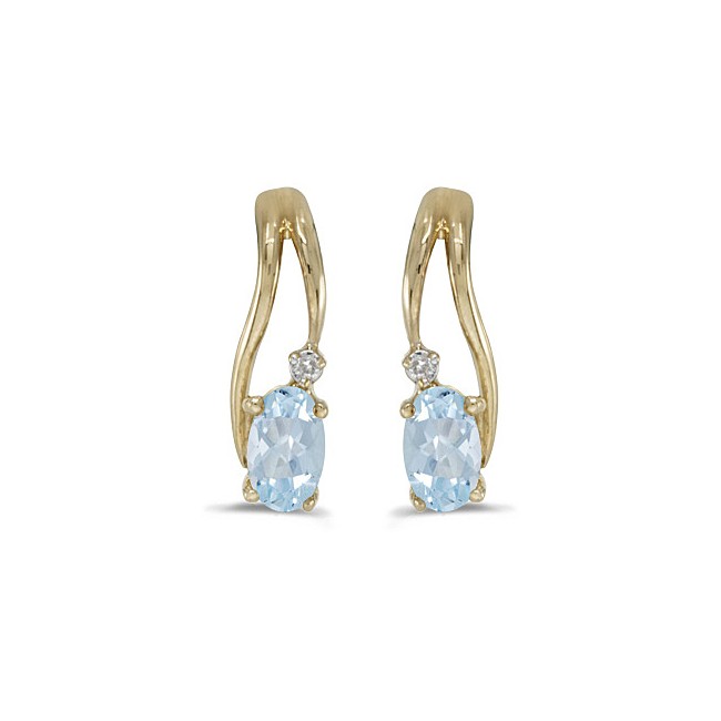 14k Yellow Gold Oval Aquamarine And Diamond Wave Earrings
