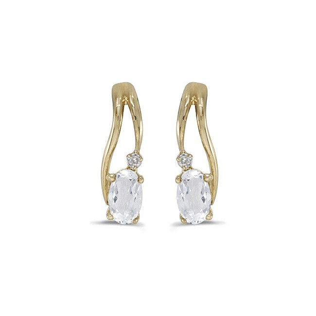 14k Yellow Gold Oval White Topaz And Diamond Wave Earrings