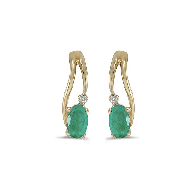 14k Yellow Gold Oval Emerald And Diamond Wave Earrings