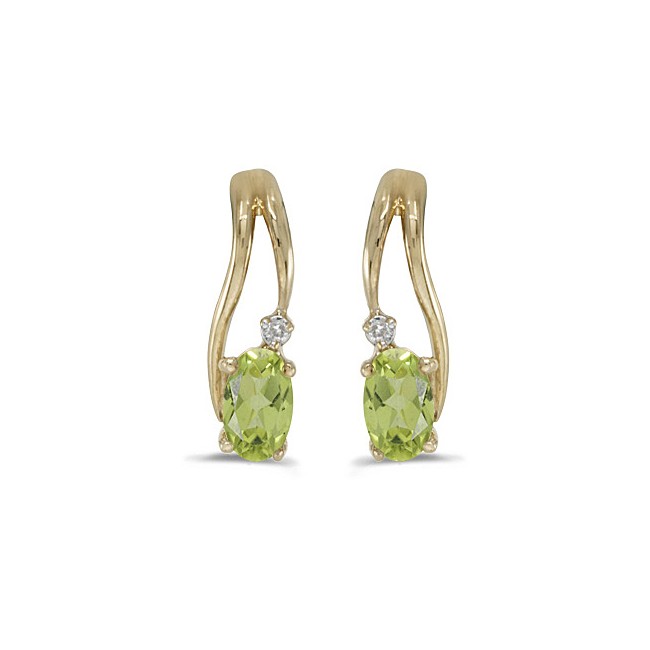 14k Yellow Gold Oval Peridot And Diamond Wave Earrings