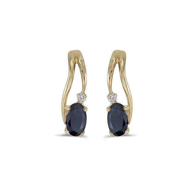 14k Yellow Gold Oval Sapphire And Diamond Wave Earrings