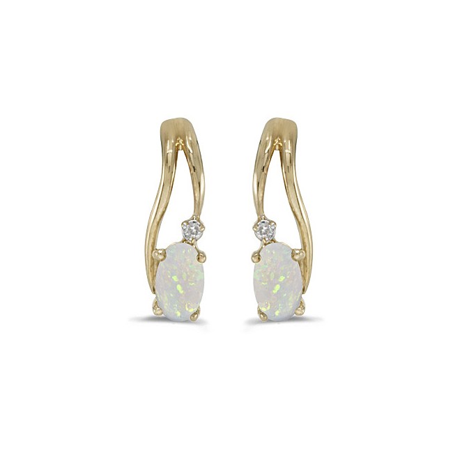 14k Yellow Gold Oval Opal And Diamond Wave Earrings