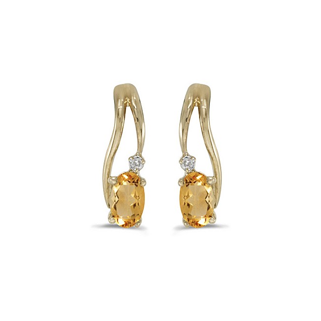 14k Yellow Gold Oval Citrine And Diamond Wave Earrings