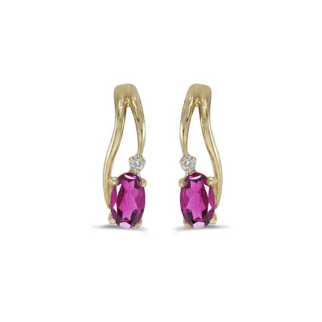 14k Yellow Gold Oval Pink Topaz And Diamond Wave Earrings