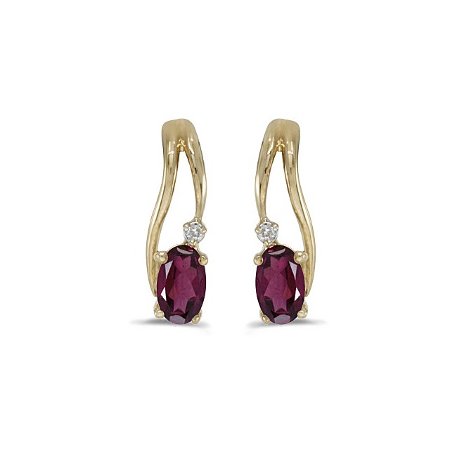 14k Yellow Gold Oval Rhodolite Garnet And Diamond Wave Earrings