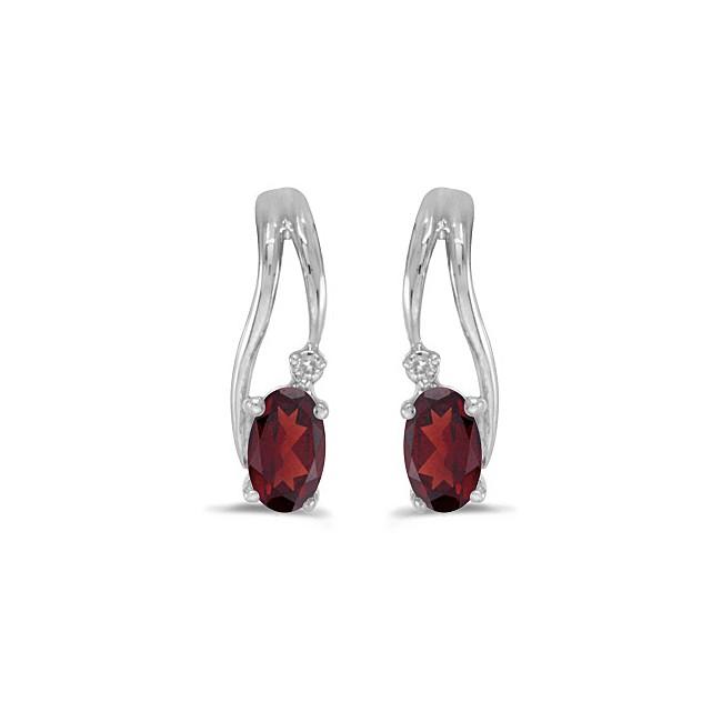 14k White Gold Oval Garnet And Diamond Wave Earrings