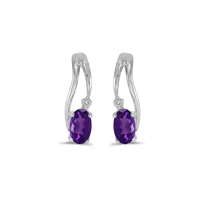 14k White Gold Oval Amethyst And Diamond Wave Earrings