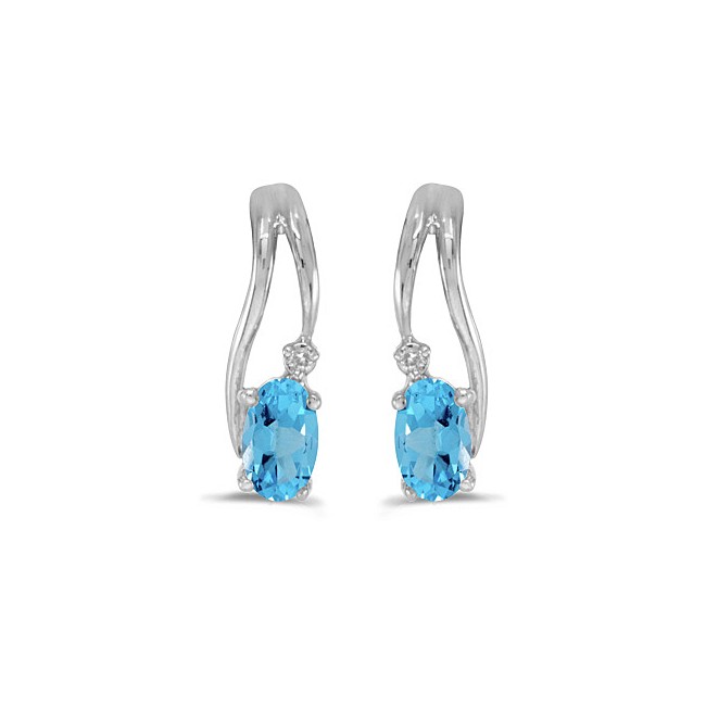 14k White Gold Oval Blue Topaz And Diamond Wave Earrings