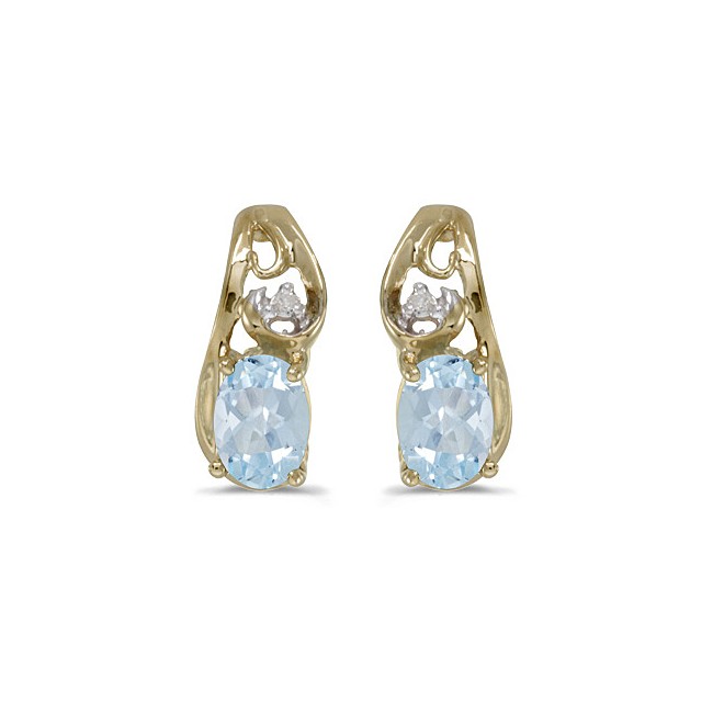 14k Yellow Gold Oval Aquamarine And Diamond Earrings