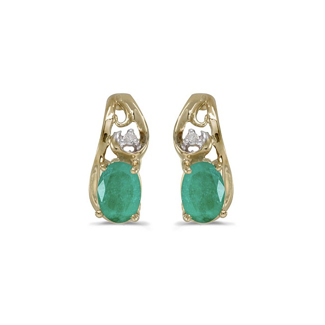 14k Yellow Gold Oval Emerald And Diamond Earrings