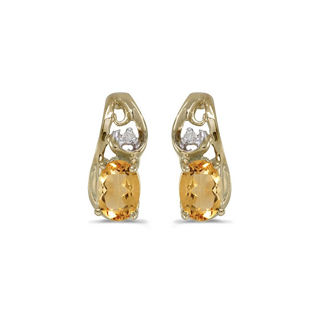 14k Yellow Gold Oval Citrine And Diamond Earrings