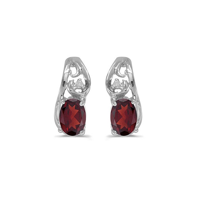 14k White Gold Oval Garnet And Diamond Earrings