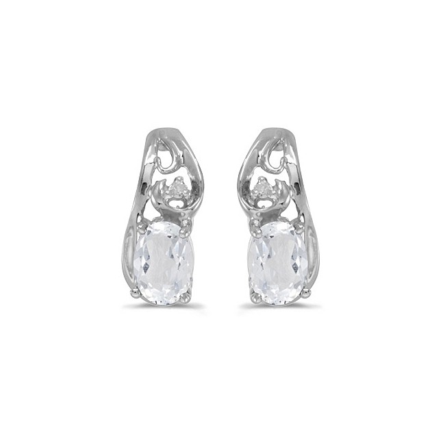 14k White Gold Oval White Topaz And Diamond Earrings