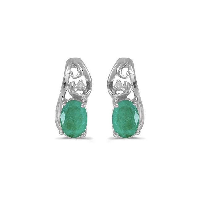 14k White Gold Oval Emerald And Diamond Earrings