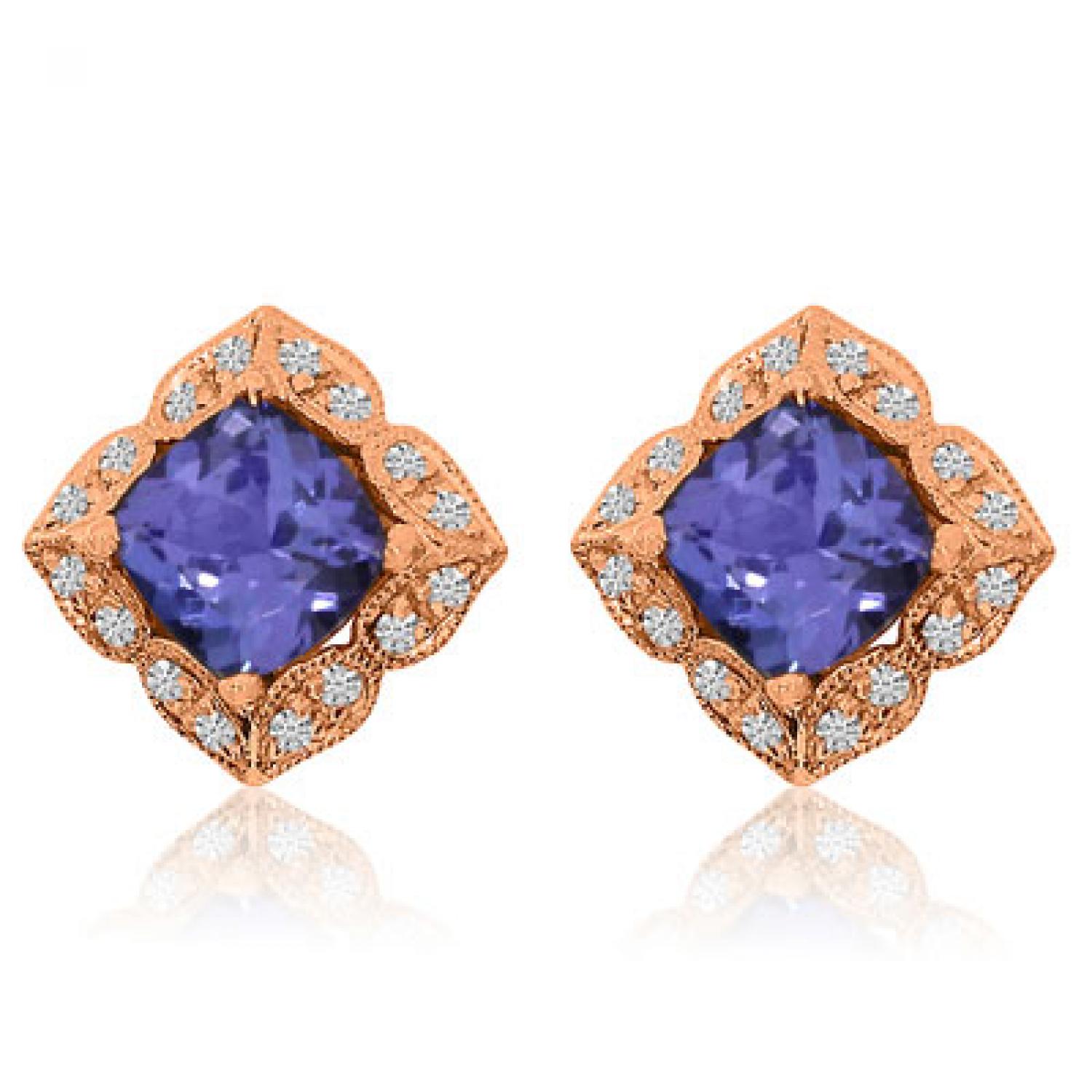 14K Rose Gold 6mm Cushion Tanzanite and Diamond Fashion Earrings