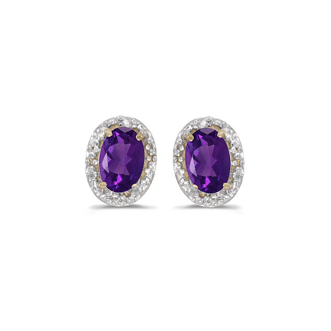 14k Yellow Gold Oval Amethyst And Diamond Earrings