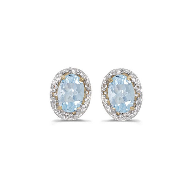 14k Yellow Gold Oval Aquamarine And Diamond Earrings