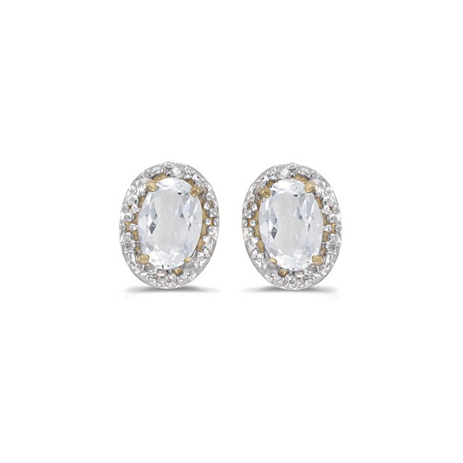 14k Yellow Gold Oval White Topaz And Diamond Earrings