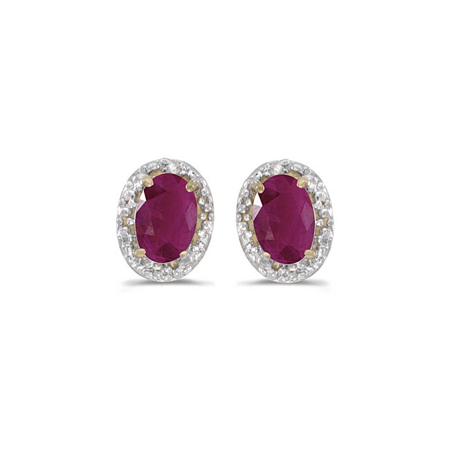 14k Yellow Gold Oval Ruby And Diamond Earrings