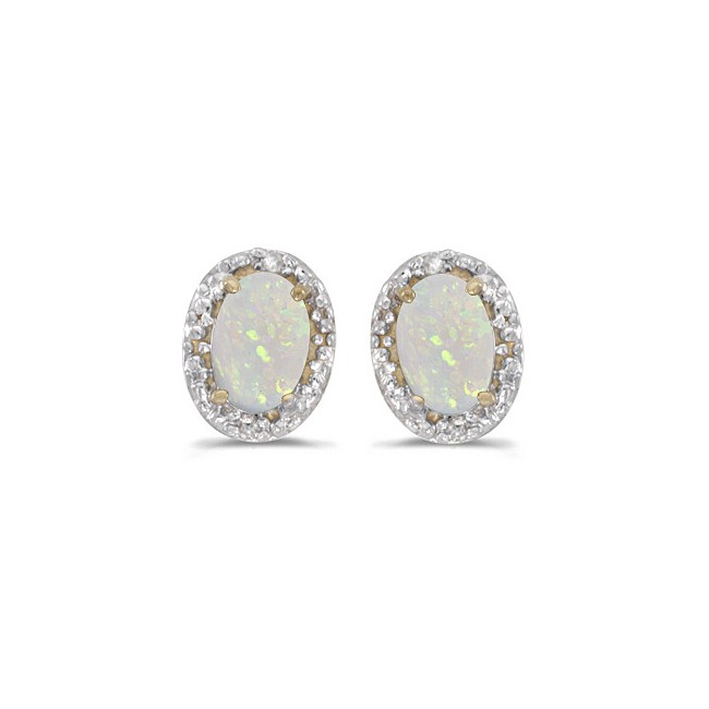 14k Yellow Gold Oval Opal And Diamond Earrings