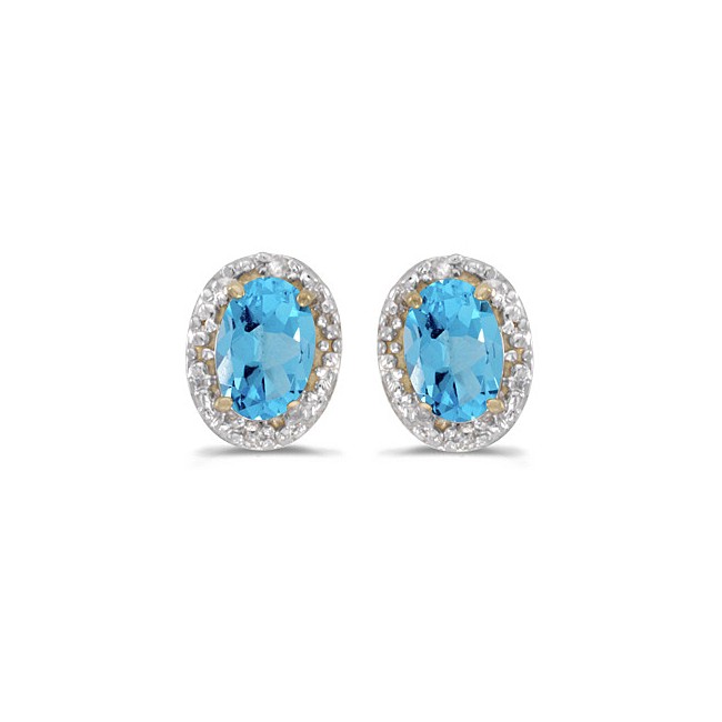 14k Yellow Gold Oval Blue Topaz And Diamond Earrings