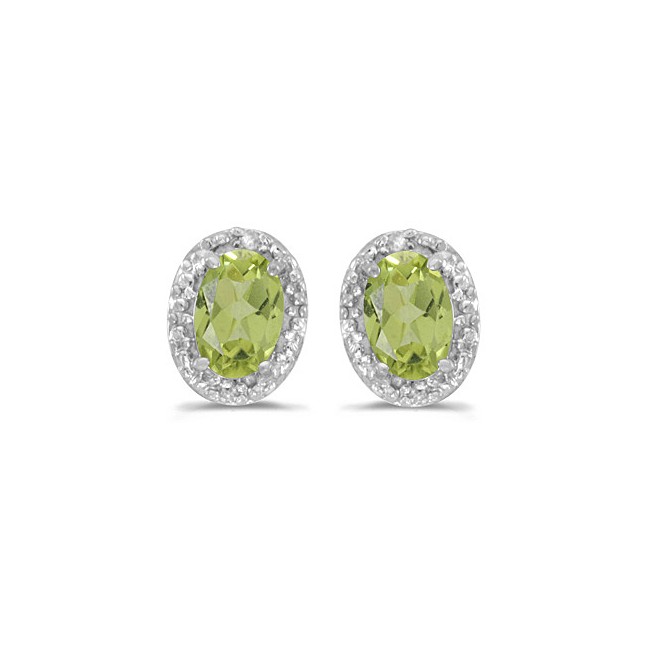 14k White Gold Oval Peridot And Diamond Earrings