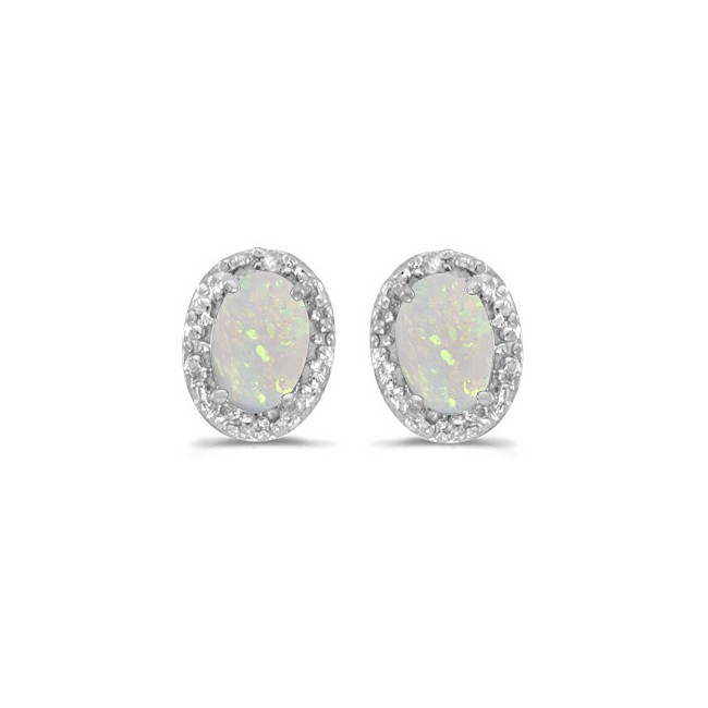 14k White Gold Oval Opal And Diamond Earrings