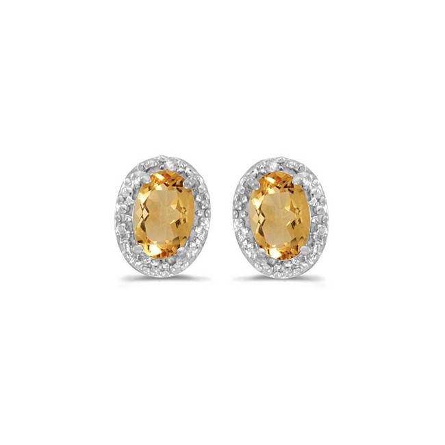 14k White Gold Oval Citrine And Diamond Earrings