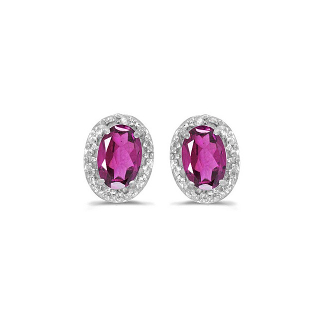 14k White Gold Oval Pink Topaz And Diamond Earrings