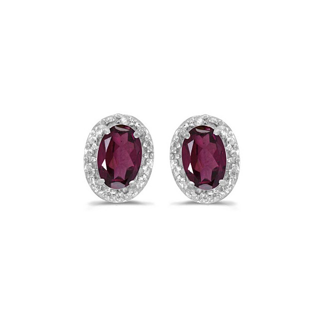 14k White Gold Oval Rhodolite Garnet And Diamond Earrings