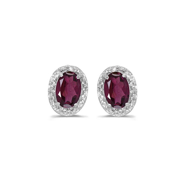 14k White Gold Oval Rhodolite Garnet And Diamond Earrings