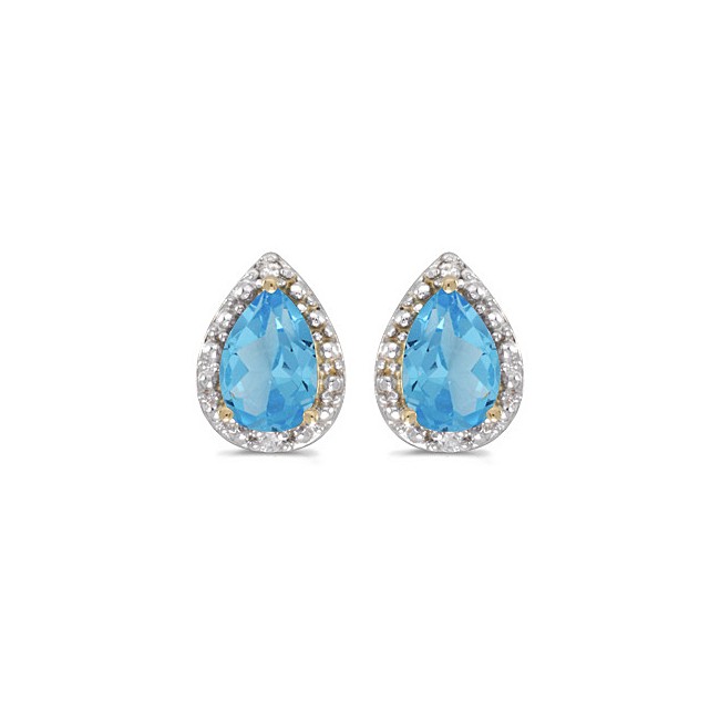 14k Yellow Gold Pear Blue Topaz And Diamond Earrings