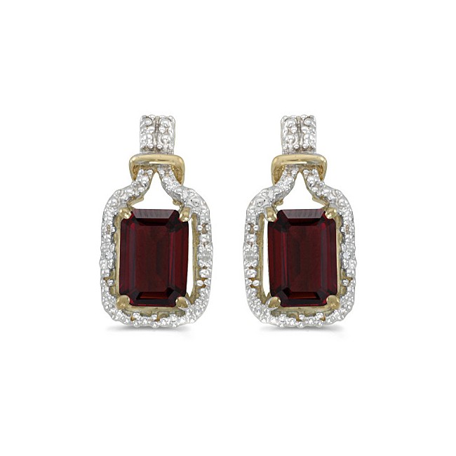 14k Yellow Gold Emerald-cut Garnet And Diamond Earrings