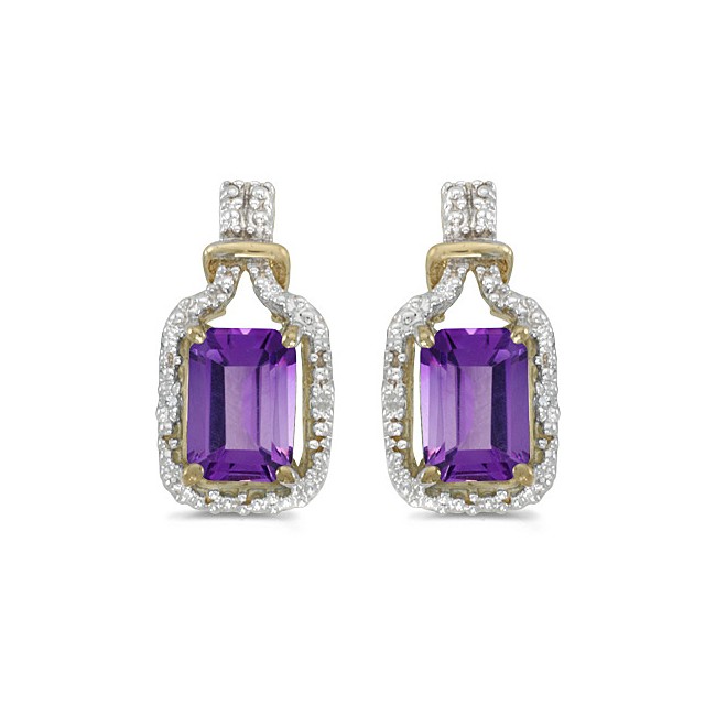 14k Yellow Gold Emerald-cut Amethyst And Diamond Earrings