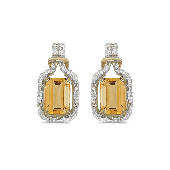 14k Yellow Gold Emerald-cut Citrine And Diamond Earrings
