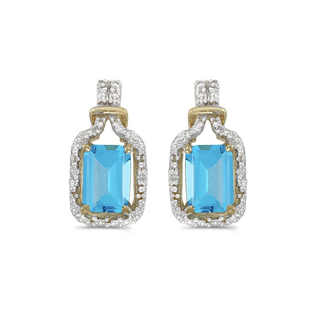 14k Yellow Gold Emerald-cut Blue Topaz And Diamond Earrings