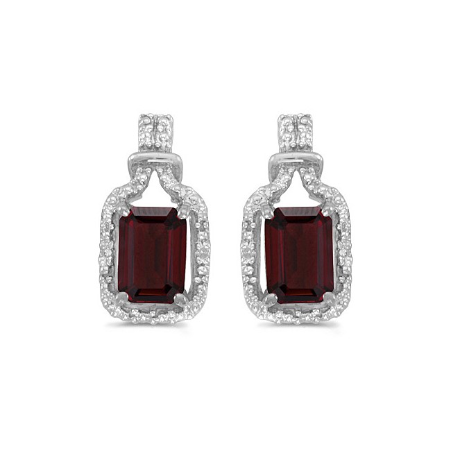 14k White Gold Emerald-cut Garnet And Diamond Earrings