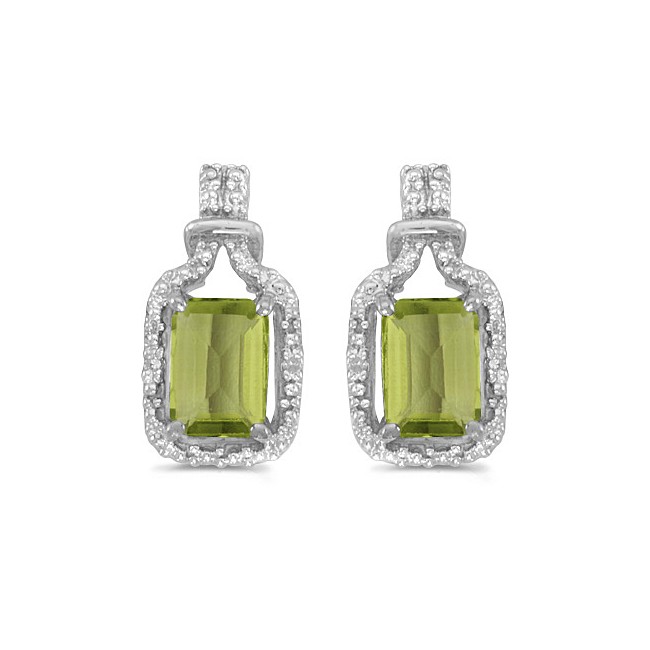 14k White Gold Emerald-cut Peridot And Diamond Earrings