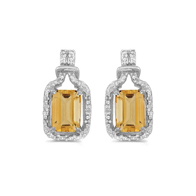 14k White Gold Emerald-cut Citrine And Diamond Earrings
