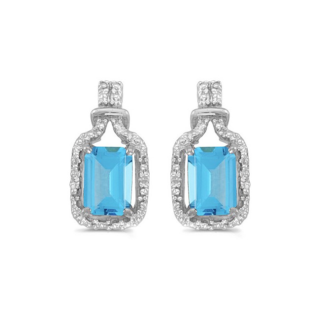 14k White Gold Emerald-cut Blue Topaz And Diamond Earrings