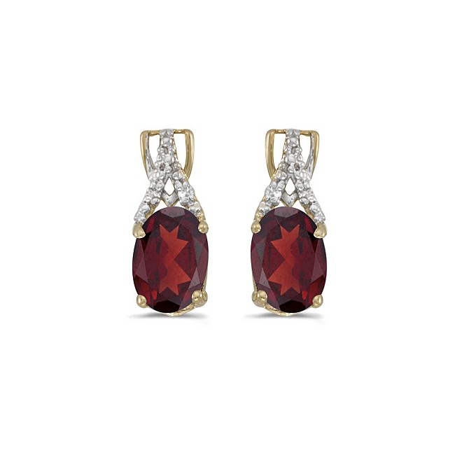 14k Yellow Gold Oval Garnet And Diamond Earrings