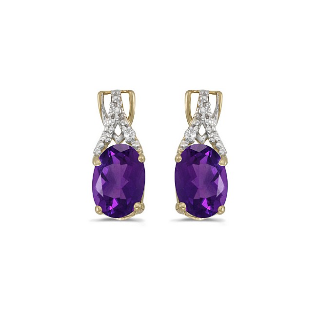 14k Yellow Gold Oval Amethyst And Diamond Earrings